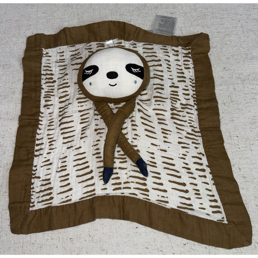 Lulujo Sloth Security Baby Blanket Brown & White Muslin Cotton Lovey